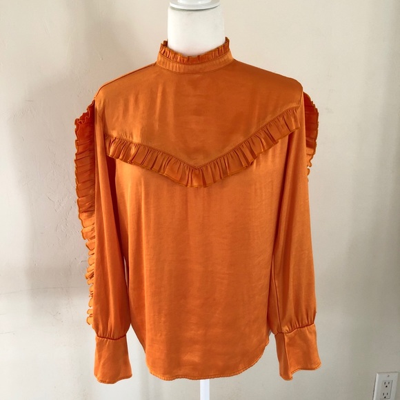 TB x Something Navy Yellow Orange Satin Ruffle Top - Picture 2 of 8